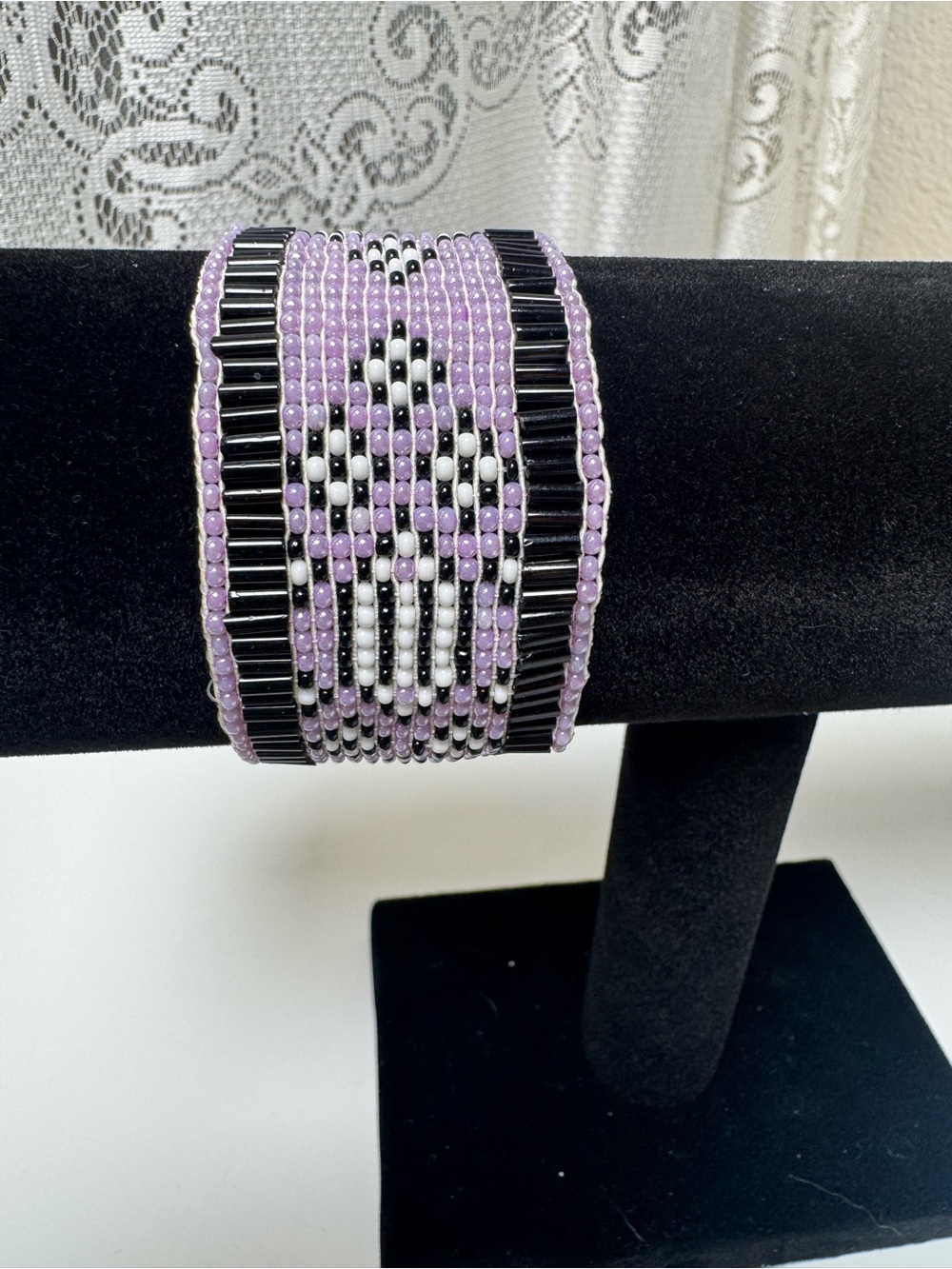 Beaded Wide Cuff Bracelet in Lavender, Black & White